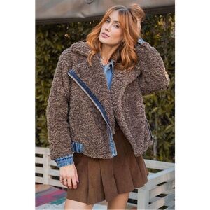 Easel Mocha Asymmetric Zip Lapel Collared Neckline Teddy Fur Denim Sherpa Jacket